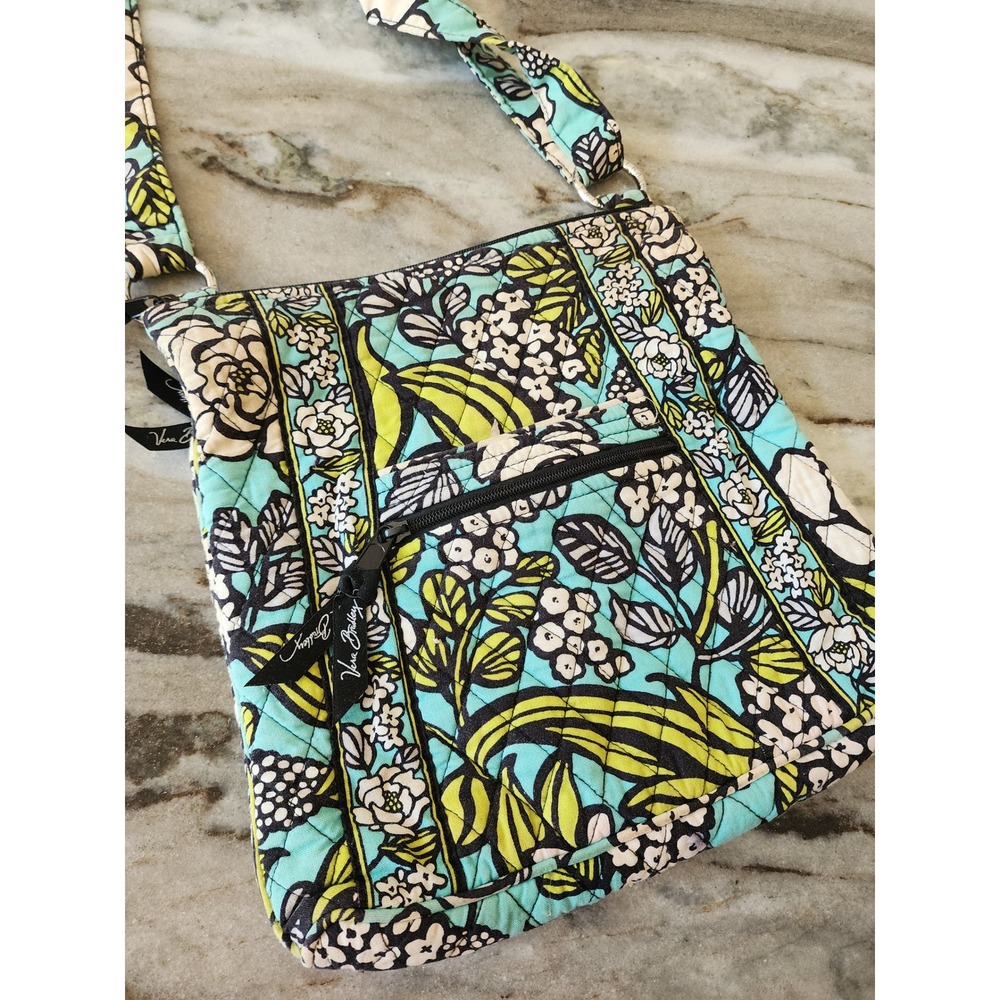 Vera Bradley Island Blooms Triple Zip Quilted Cotton Crossbody Bag Blue Green